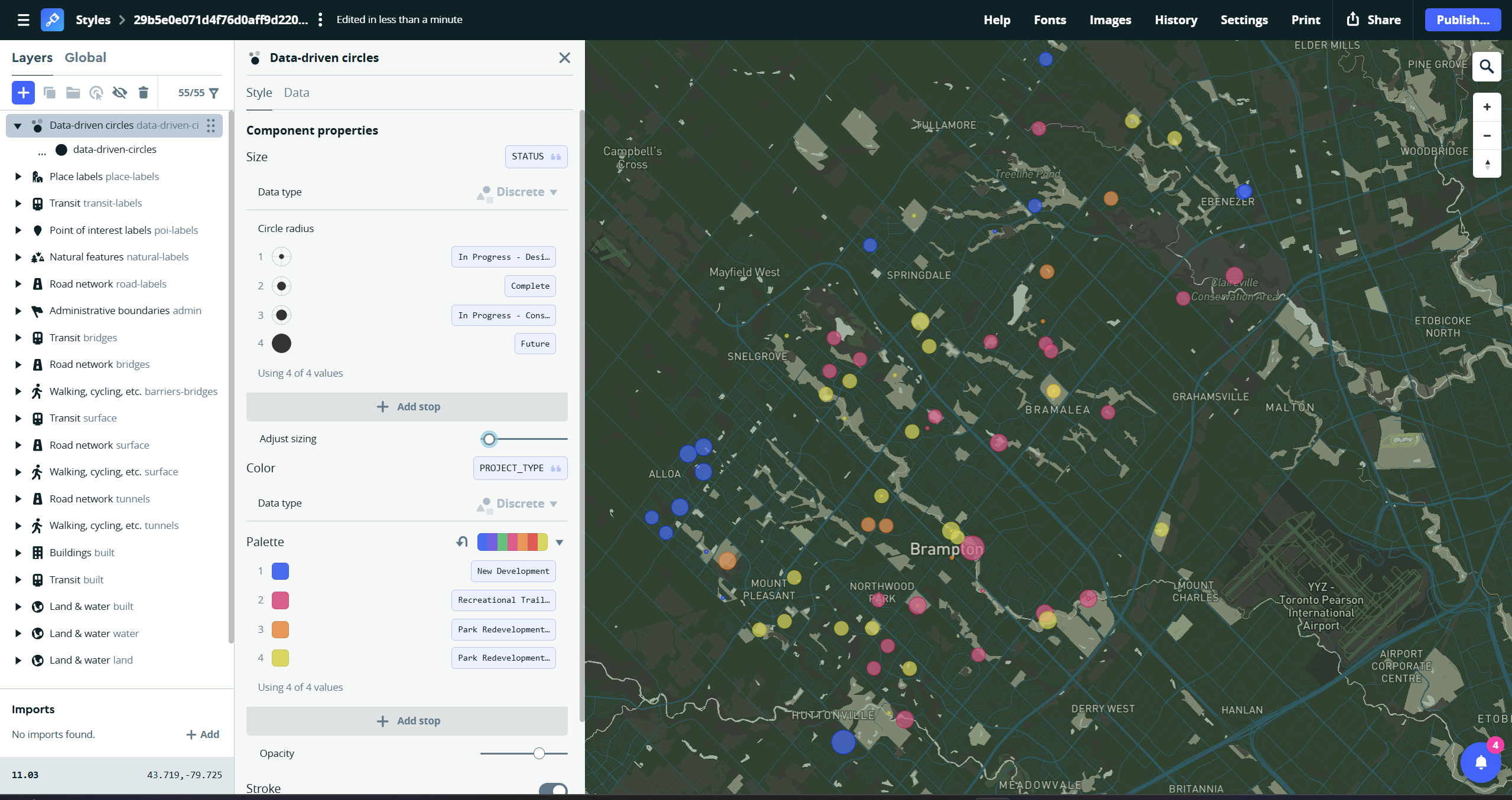 Bivariate map of park construction projects in Brampton organized by status and project type